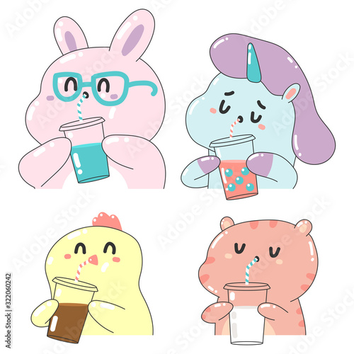 Cute animals drink smoothie, coffee, bubble tea and milk vector cartoon characters set isolated on a white background.