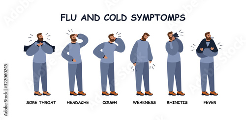 Vector flat illustration with a man with symptoms of colds and flu. Banner with the name of the common cold or flu symptoms. Hand drawn picture with flu man 