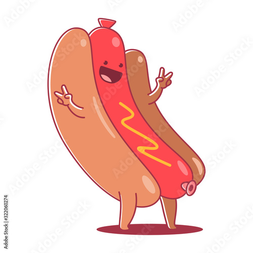 Funny hot dog vector cartoon character isolated on a white background.