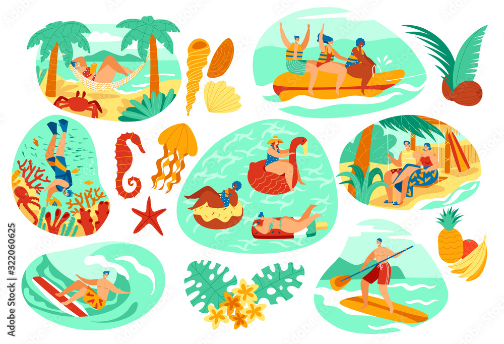 Summer vacation activity at seaside resort, people on beach, vector illustration. Men and women cartoon characters swimming in water, diving in sea, relaxing on beach. Summertime vacation trip set