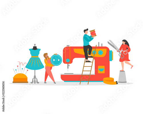 Sewing workshop, atelier, fashion design concept with small people characters. Huge mannequin, sewing Needle, scissors, threads. Vector illustration can for use logo, website template, poster
