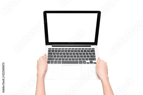 Laptop isolated on a white background. Laptop computer with a white blank screen in female hands. Layout design.