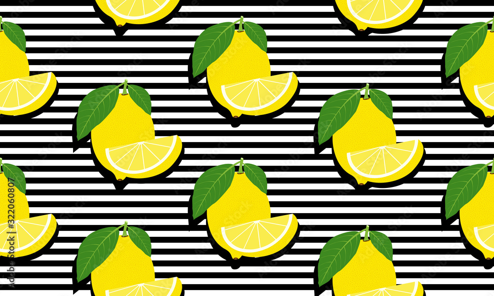 Seamless background with stripes and whole lemons and slices lemons with black shadow. Vector illustration design for greeting card or template.