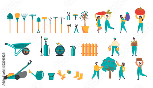 Set of various colorful gardening tools and Farmers characters. Vector illustration of items for gardening and farming. Organic vegetable crops cultivation