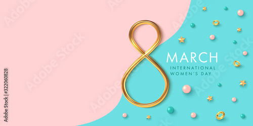8 of march background with golden eight and decor in realistic vector design. Beautiful international women holiday promo. Romance greeting web banner layout template.