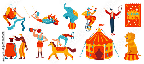 Circus performance, acrobats and trained animals, vector illustration. Set of isolated cartoon characters, people and animals performing stunts in circus. Horse, elephant, strongman and juggling clown