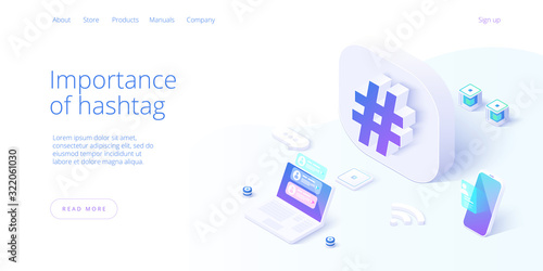 Social media marketing vector business illustration in isometric design. SMM concept background with hashtag button, smartphone and laptop. Web banner layout template.