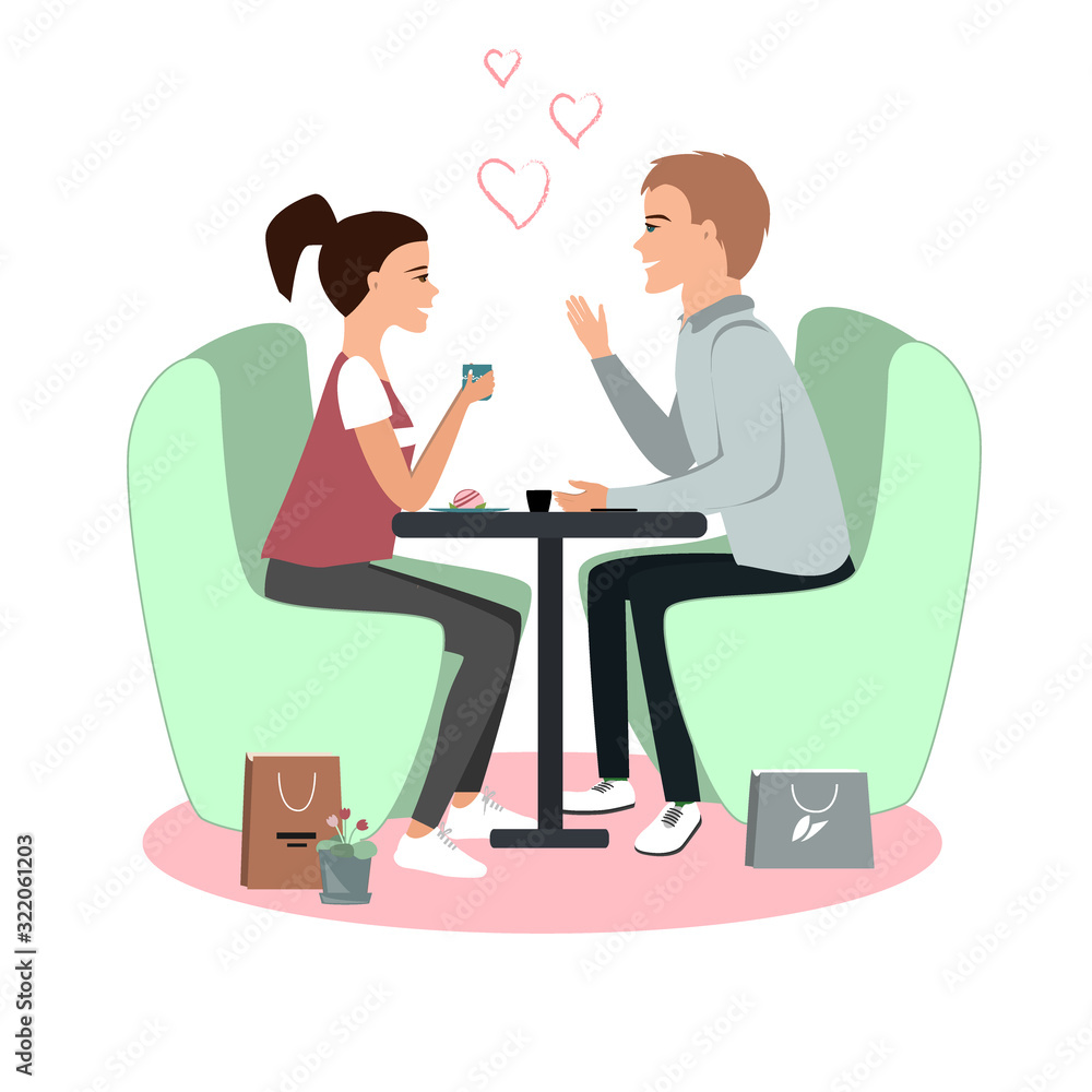 Cute girl and boy in cafe, happy Valentines Day date. Love card, vector illustration Cute girl and boy in cafe, happy Valentines Day date. Love card, vector illustration