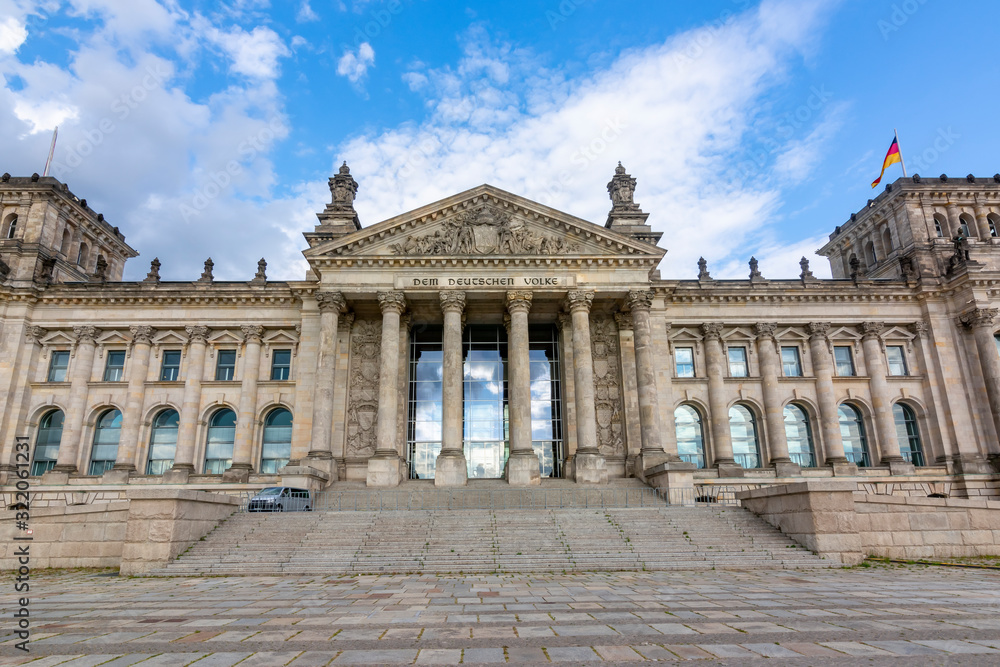 Reichstag building (Bundestag - parliament of Germany) in Berlin with inscription 