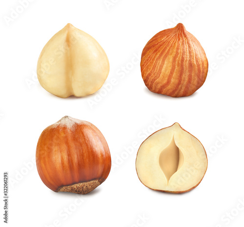 set of hazelnuts on a white background