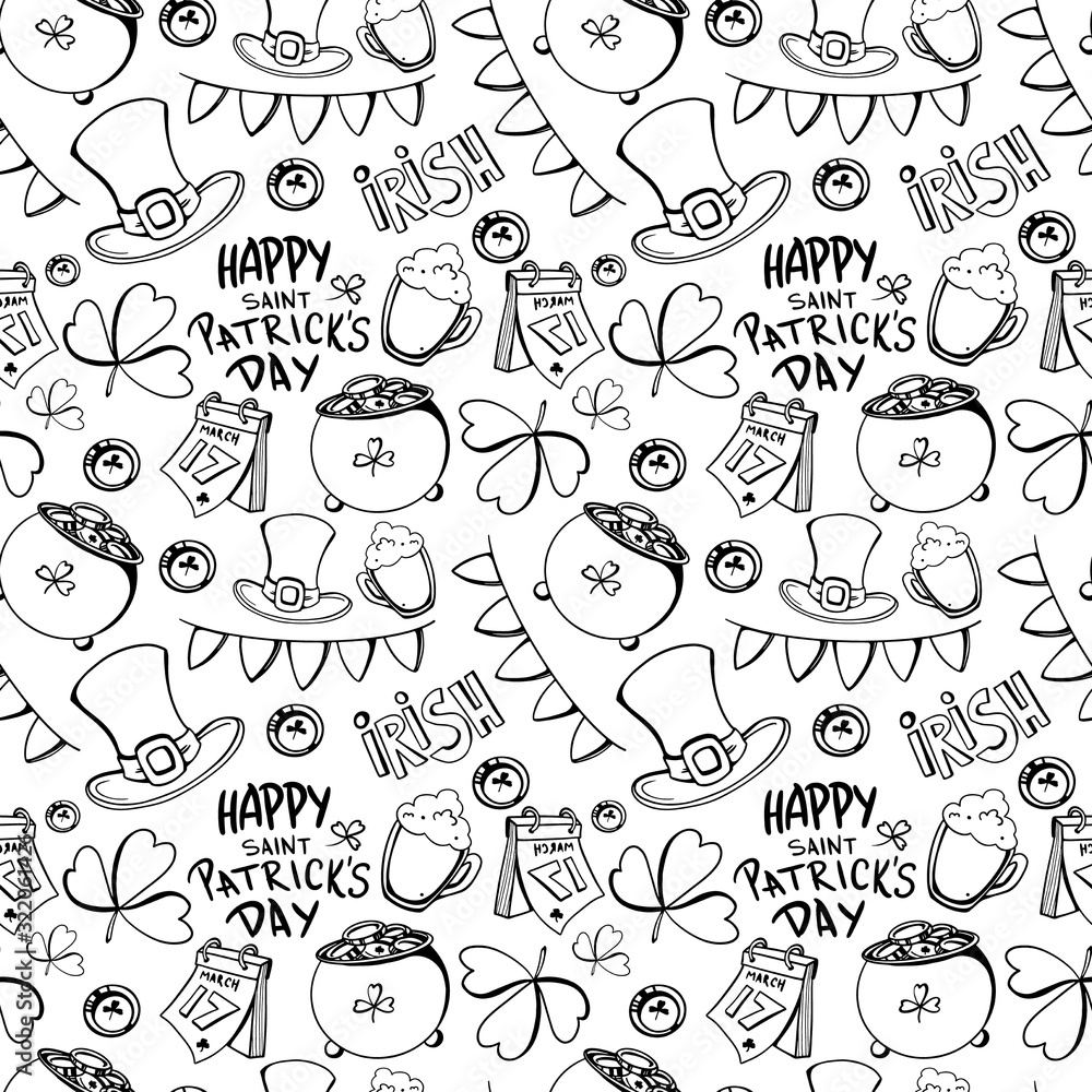 Digital illustration square seamless doodle outline pattern for St. Patrick's Day white background. Print for web, restaurants, banners, paper, scrapbooking, fabrics, cards. Digital illustration square seamless doodle outline pattern for St. Patrick's Day white background. Print for web, restaurants, banners, paper, scrapbooking, fabrics, cards.