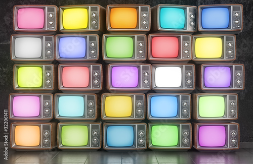 Wall of old TVs with different colors screen. 3d illustration photo