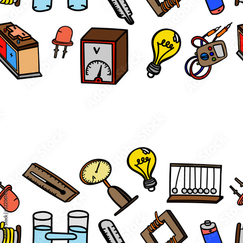 banner  physics seamless pattern research objects training experiments  measuring science doodle colored illustration vector