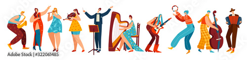 People playing music in different styles, isolated cartoon characters, vector illustration. Men and women with musical instruments, violin, saxophone, harp and guitar. Smiling creative musicians