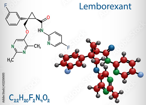 Lemborexant, C22H20F2N4O2 molecule. It is dual orexin receptor antagonist used in the treatment of insomnia. Structural chemical formula and molecule model