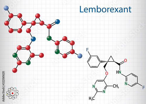 Lemborexant, C22H20F2N4O2 molecule. It is dual orexin receptor antagonist used in the treatment of insomnia. Structural chemical formula and molecule model. Sheet of paper in a cage