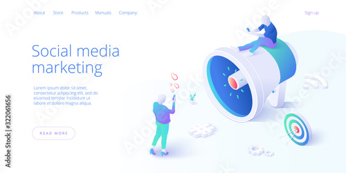 Social media addiction vector business illustration in isometric design. SMM concept background with male and female tapping like button on smartphone. Web banner layout template.