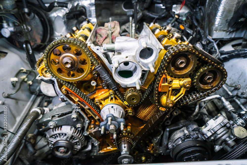 Car repair type of open engine with drive chains and a large number of