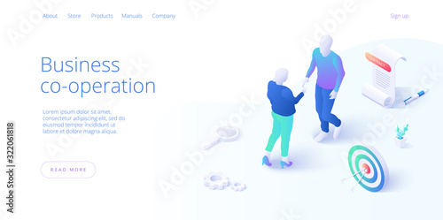 Business contract or entrepreneur agreement signature concept in isometric vector illustration with male and female businessmen shaking hands. Website or webpage layout template.