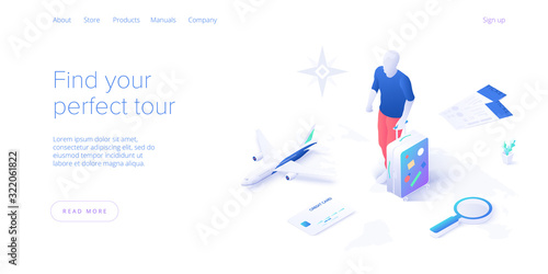 Travelling by air concept in isometric vector illustration. Around the world flight tour or trip. Cheap airline tickets searching and booking service Website layout or web banner template.