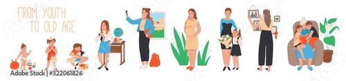 Life cycle of woman, stages of growing up from baby to old age, vector illustration. Aging process, life of average woman. Childhood, education, motherhood and happy family with loving grandchildren