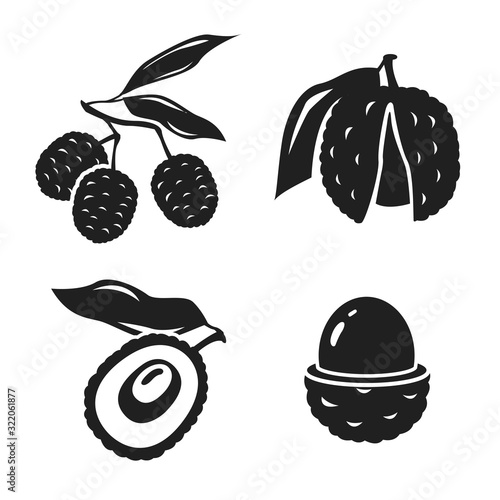 Vector illustration of lychee - tropical fruit. Modern black style. Summer food. © skarin