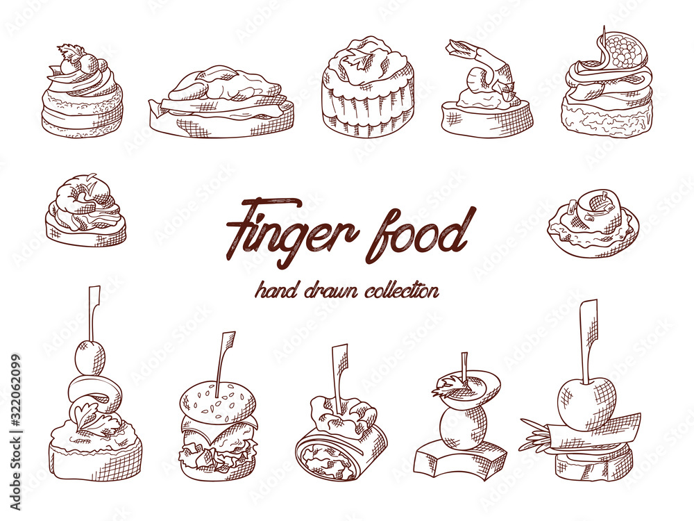 Set of finger food elements. Canape and appetizes served on sticks in sketch style. Catering service template. Vector illustration - obrazy, fototapety, plakaty 