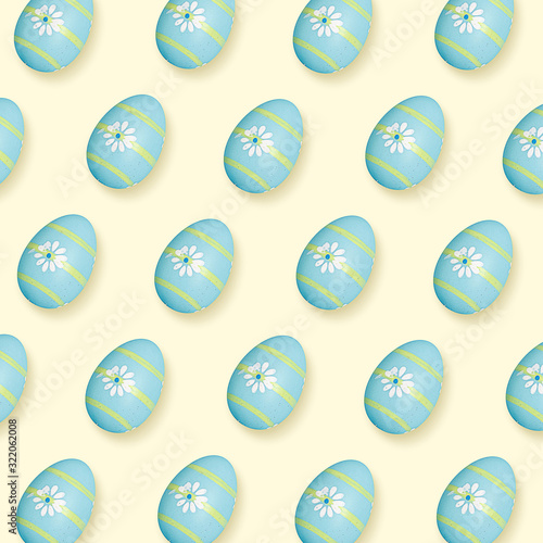 Card for Happy Easter celebrating or greeting. Colored flowered eggs on yellow background. Modern artwork, bright wallpaper, background, pattern for your device, design or advertisement. concept.