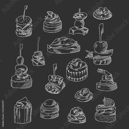 Set of finger food elements. Canape and appetizes served on sticks in sketch style. Catering service template. Vector illustration