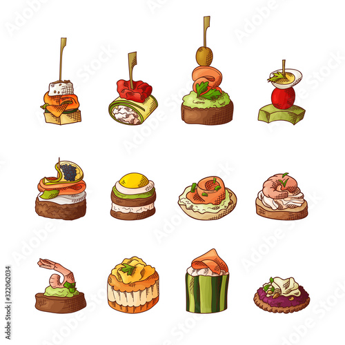Set of finger food elements. Canape and appetizes served on sticks in sketch style. Catering service template. Vector illustration