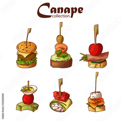 Set of finger food elements. Canape and appetizes served on sticks in sketch style. Catering service template. Vector illustration