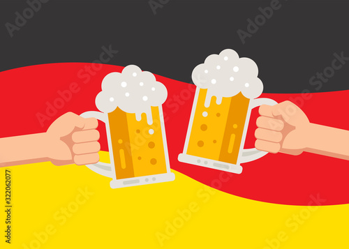 Cheers Hands holding up beer mugs under German flag. Oktoberfest celebration, Festival