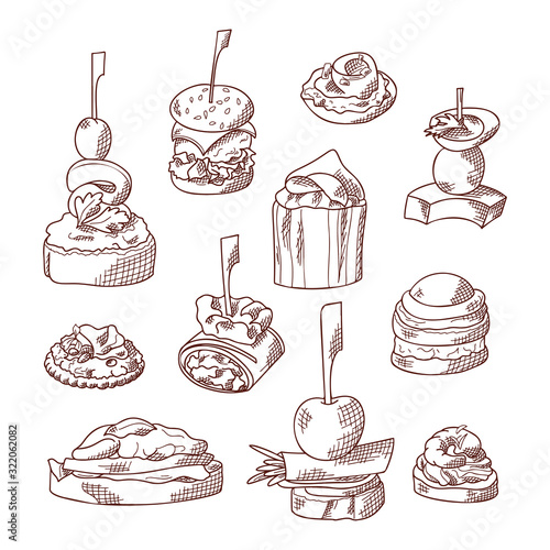 Set of finger food elements. Canape and appetizes served on sticks in sketch style. Catering service template. Vector illustration