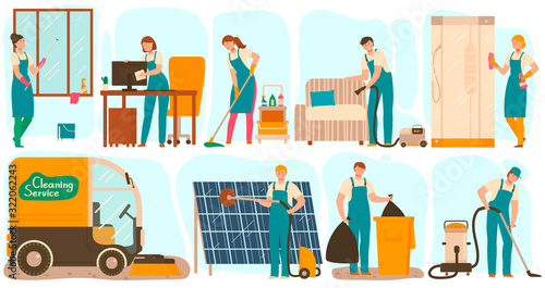 Cleaning service workers in uniform, cartoon characters vector illustration. People cleaning office and home furniture, sweeping floor and taking out trash. Professional cleaners, janitors and maids