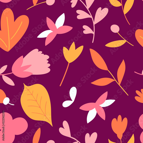 Flat flower seamless pattern. Minimal floral template. Colorful vector illustration