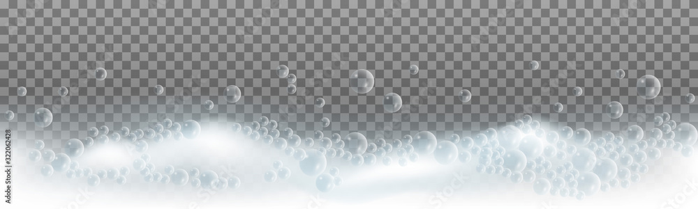 Fototapeta Soap foam with bubbles on transparent background. Bath lathe with fluffy texture Vector illustration