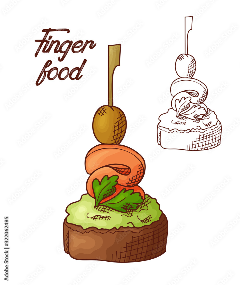 Hand drawn finger food element. Appetizers served in sketch style