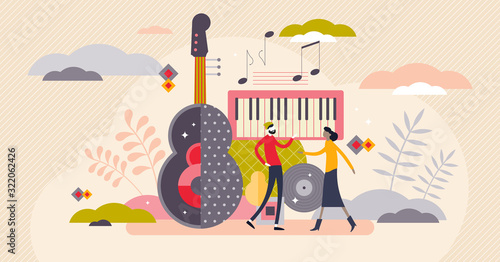 Music festival abstract concept, flat tiny person vector illustration