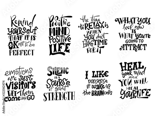 Vector lettering. Set of Meditatin motivation quotes. Hand drawn calligraphic design