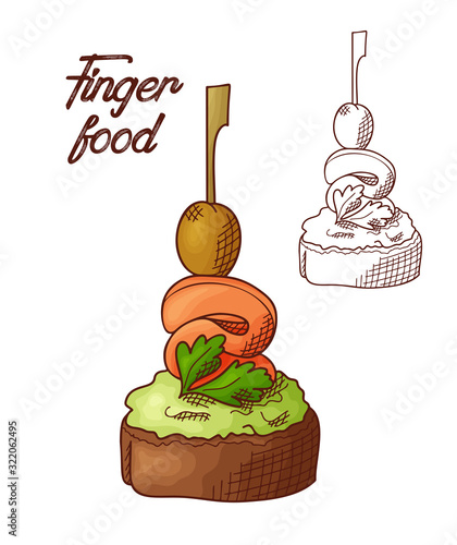 Hand drawn finger food element. Appetizers served in sketch style. Bruchetta in isolated white background. Vector illustration