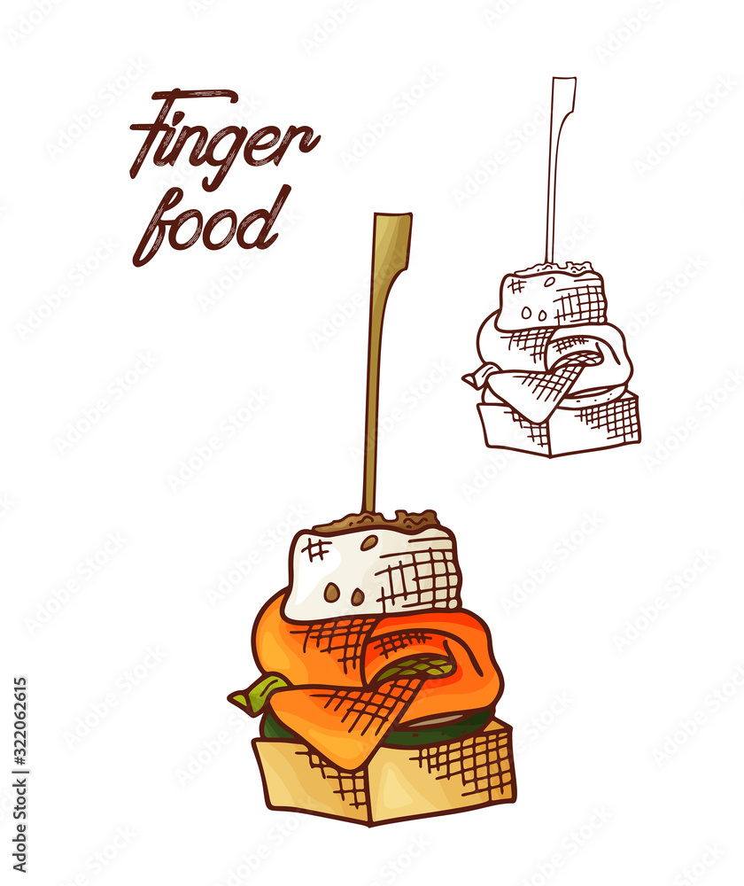 Hand drawn finger food element. Appetizers served in sketch style
