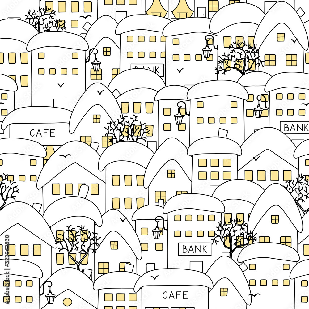 Seamless pattern of city houses. Hand-drawn houses, street lights and trees.
