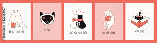 Collection of hand drawn Valentines day greeting cards with cute cats in hats, hearts, gifts, quotes. Vector illustration. Line drawing. Design concept for holiday print, invite, banner, gift tag.