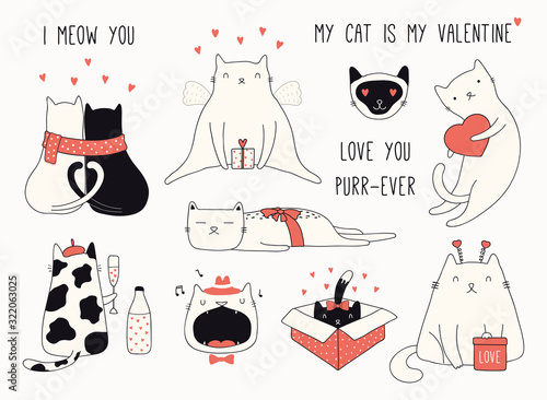 Collection of cute funny doodles of different cats, with hearts. Isolated objects on white background. Hand drawn vector illustration. Line drawing. Design concept Valentines day card invite, print.
