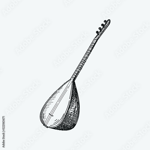 Hand-drawn sketch of National Azerbaijan Musical Instrument called Saz or Baglama (long-necked lute)