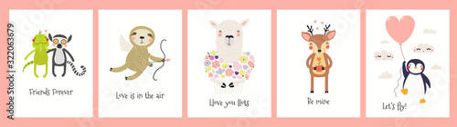 Collection of Valentines day cards with cute funny animals, hearts, quotes. Hand drawn vector illustration. Scandinavian style flat design. Concept for children holiday print, invite, gift tag, banner