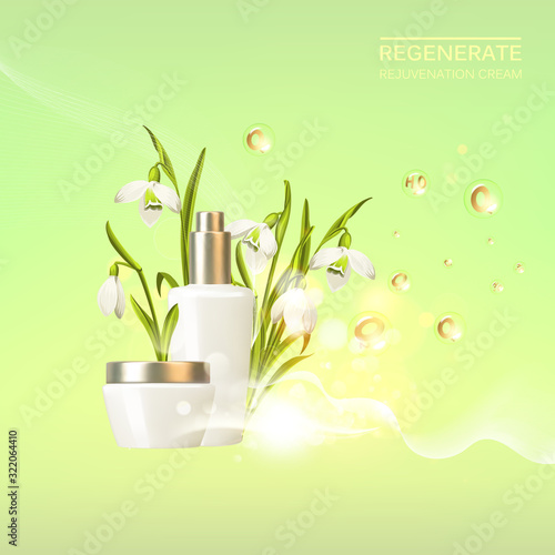Awesome bouquet of snowdrop galantus and bottle, jar with a regenerate cream for your body. Skin shampoo cosmetics plastic tube with vitamin complex for spa relax. Flower wreath on green background.