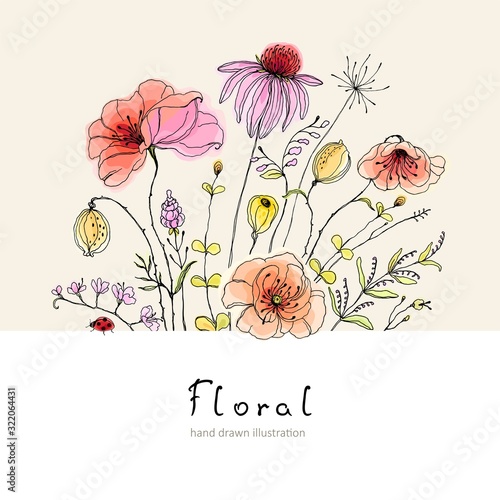 Floral card with wildflowers, poppy, leaves, branches and ladybug in vintage style. Holiday template for your text, vector hand drawn illustration on beige and white background.