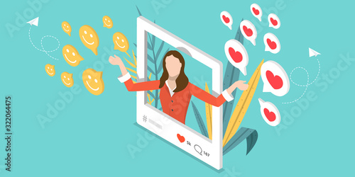 Isometric Vector Conceptual Illustration. A Video Blogger is Showing Some Performance and Collecting Smiles and Likes From Her Followers. Social Media Influencer