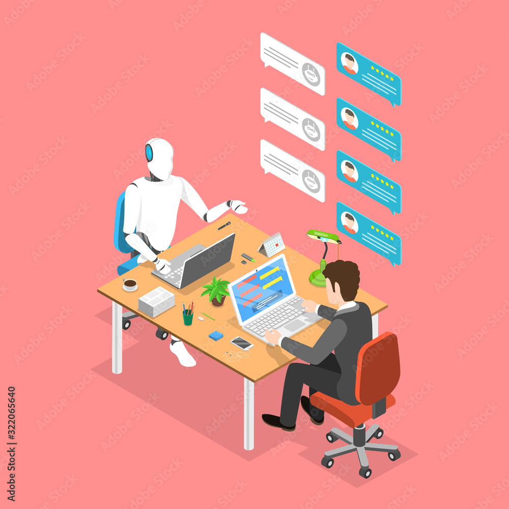 Flat isometric vector concept of chatbot, ai, artificial intelligence, customer support, markting strategy. Flat isometric vector concept of chatbot, ai, artificial intelligence, customer support, markting strategy.
